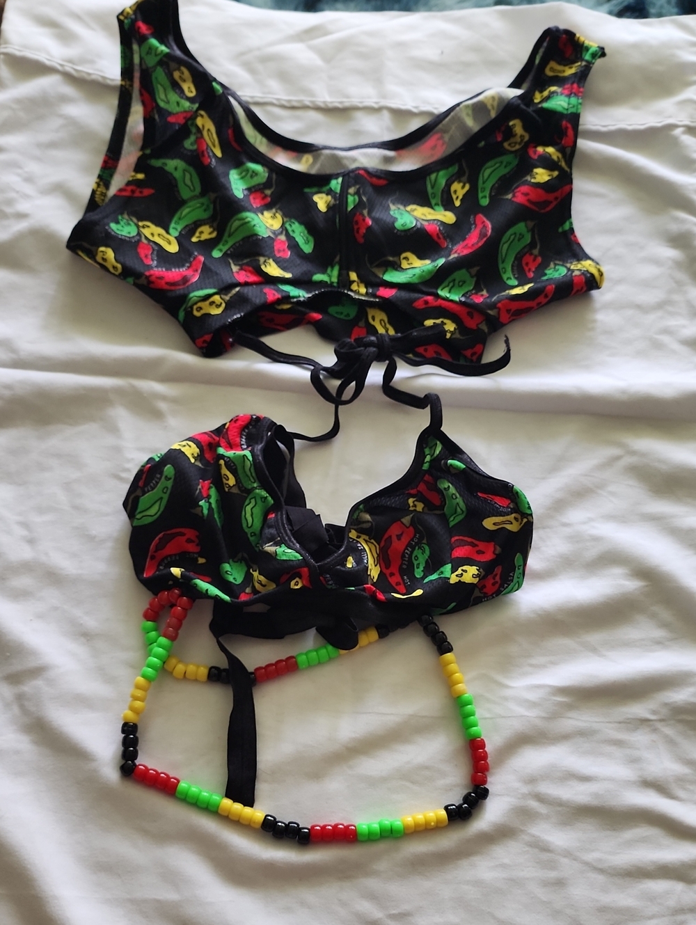 Custom Upcycled Chili Pepper 2pc Festival Top Set Kandi Waist Beads Size XS/S